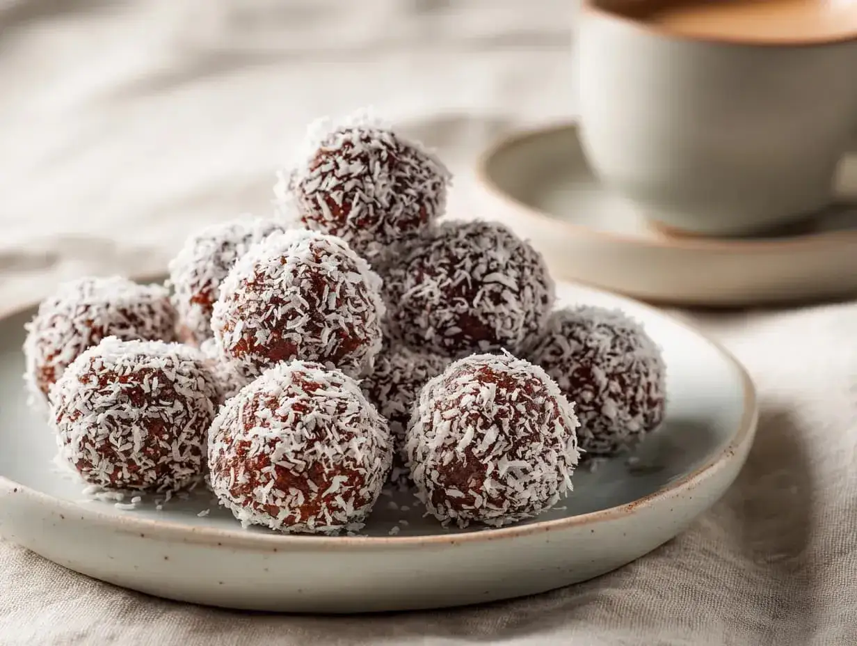 En h&ouml;g med chokladbollar, perfekta f&ouml;r chokladbollens dag. De &auml;r rullade i kokosflingor och ser uts&ouml;kt goda ut.