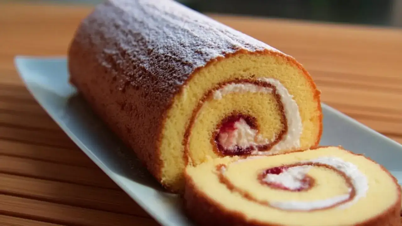 En saftig glutenfri rullt&aring;rta med vispgr&auml;dde och sylt, pudrad med florsocker. Perfekt f&ouml;r fikat!