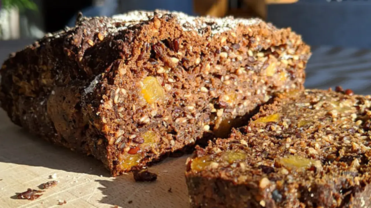 Mörkt, saftigt bröd med torkad frukt och frön. En härlig textur tack vare fiberhusk psyllium.