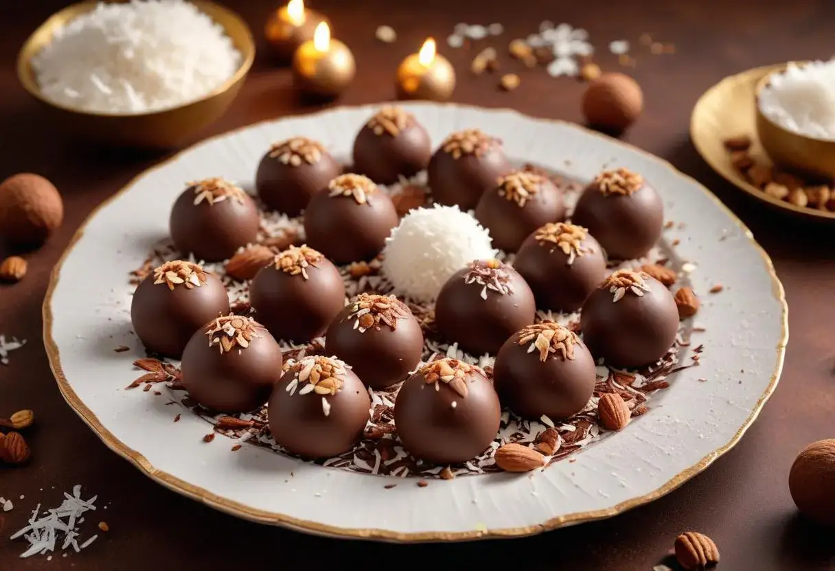 En tallrik med lyxiga chokladbollar, toppade med n&ouml;tter och serverade p&aring; en b&auml;dd av kokosflingor.