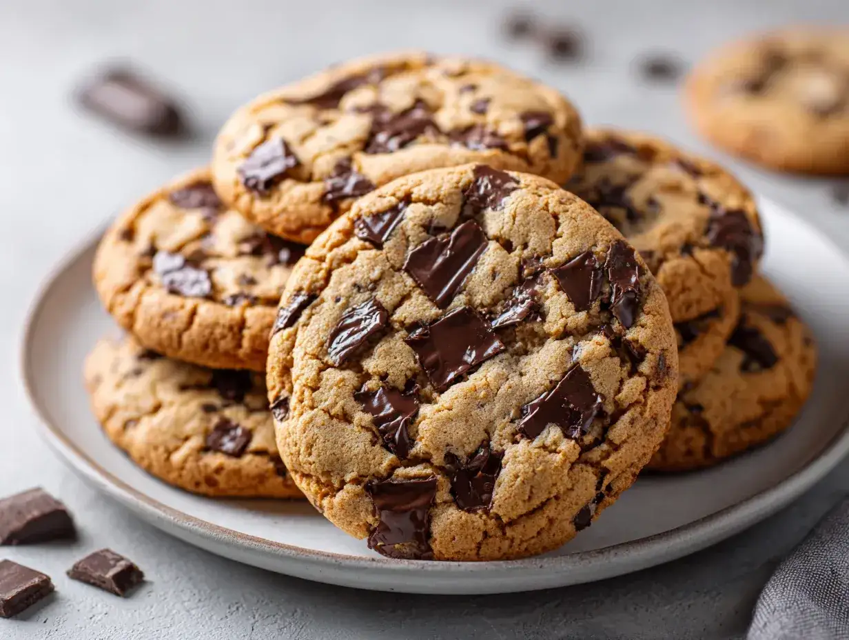 En h&ouml;g med nybakade chocolate chip cookies, med sm&auml;lt choklad som sticker ut. Perfekt f&ouml;r fikat!