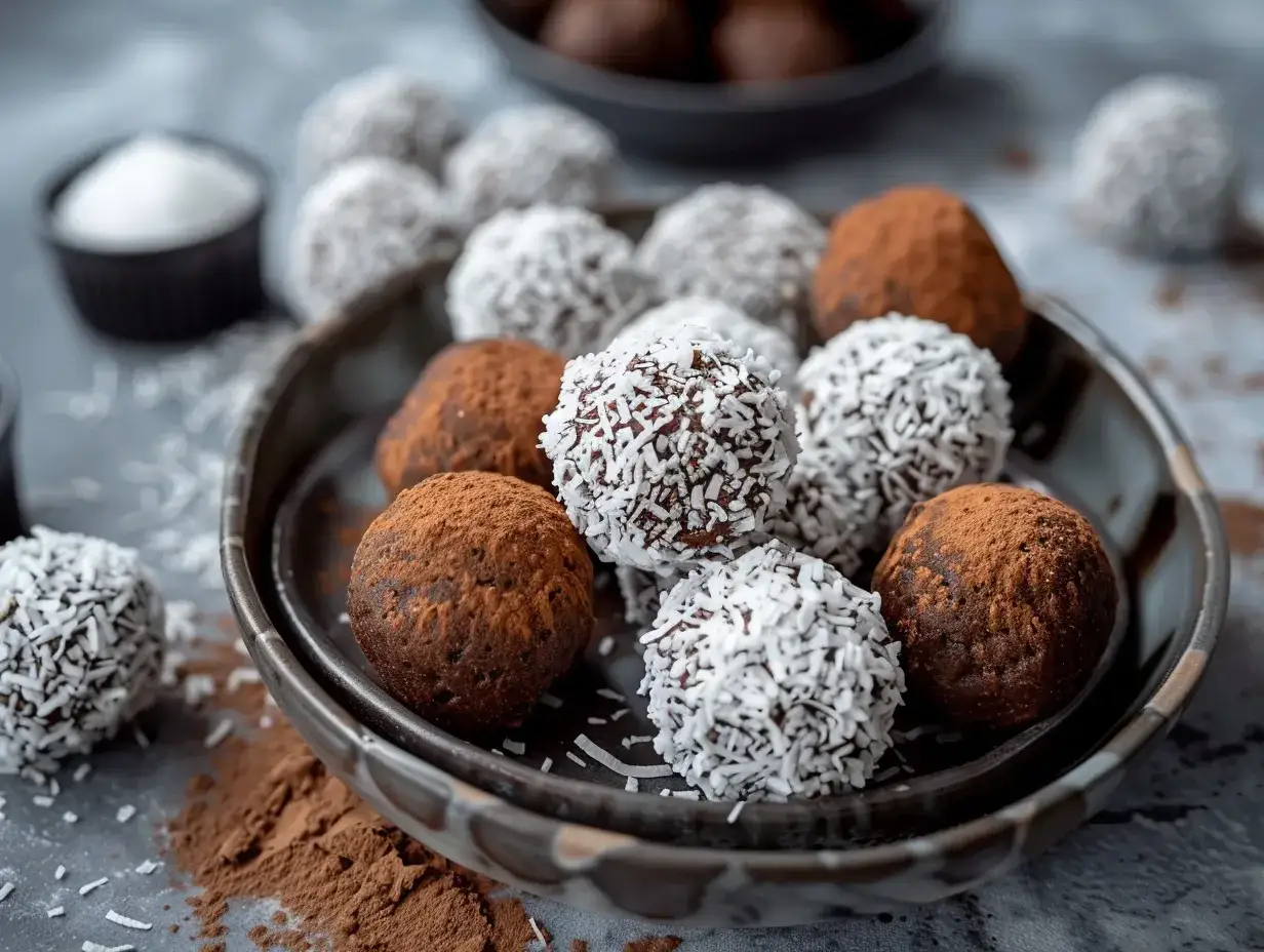 Chokladbollar, n&aring;gra rullade i kokos, andra i kakao. Ett enkelt havrebollar recept f&ouml;r fika.