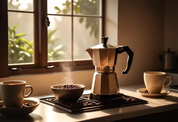En moka kaffebryggare står redo att moka kaffe. Ånga stiger från en skål med bönor, bredvid en kopp kaffe.
