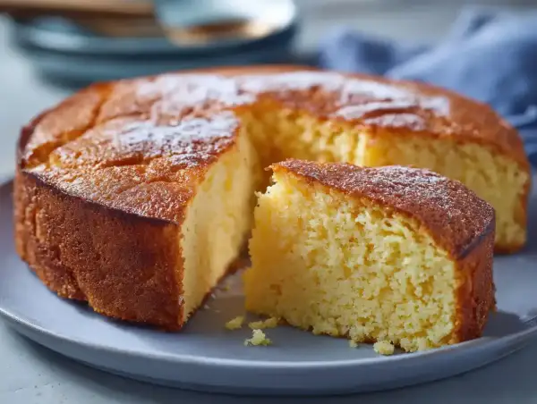 En saftig glutenfri sockerkaka, pudrad med florsocker, ligger på en grå tallrik. En bit är uppskuren.