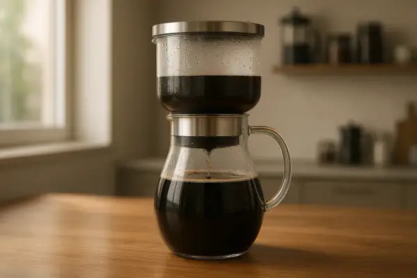 En kaffebryggare i glas där kaffe droppar ner i kannan. Enkel metod att koka kaffe utan filter för en ren smak.
