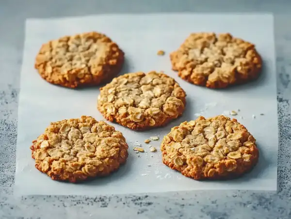 Fem gyllene, mjuka havrekakor ligger utspridda på bakplåtspapper. De ser perfekta ut att doppa i mjölk.