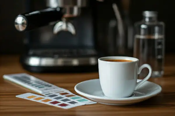 Espressokopp med en teststicka för hårdhetsgrad vatten bredvid. En espressomaskin och en vattenflaska i bakgrunden.