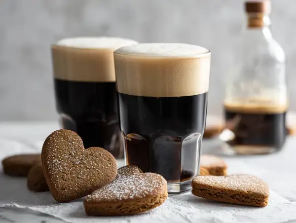 Två mörka kaffedrinkar med Cointreau och hjärtformade pepparkakor pudrade med florsocker.