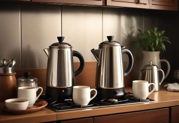 Två blanka perkulatorer står på spisen, redo att koka kaffe. Koppar med nybryggt kaffe väntar.
