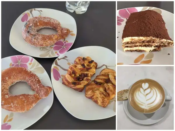 En härlig frukost med munkar, wienerbröd och tiramisu. Perfekt för en paus med kaffe i Italien.