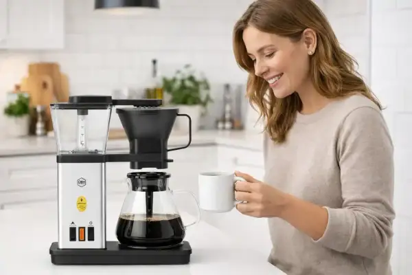En kvinna njuter av nybryggt kaffe från en stilren kaffebryggare, perfekt för alla presskaffe sorter.