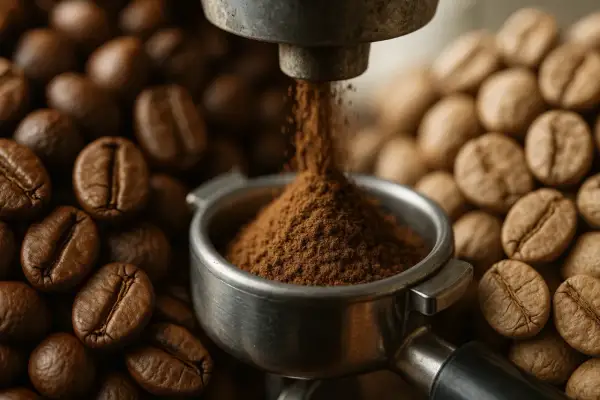 Färskt malet robusta kaffe fyller portafiltret, omgivet av hela bönor.