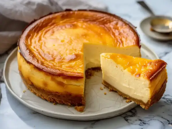 En gyllene saffranscheesecake glutenfri med en bit uppskuren. Perfekt för fika.