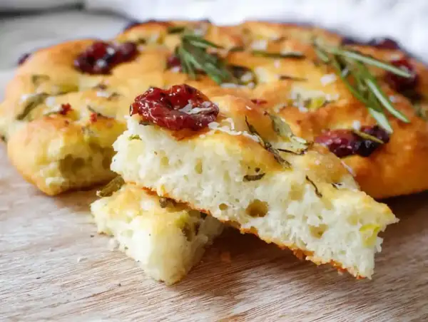 En saftig glutenfri focaccia med soltorkade tomater och rosmarin. Perfekt att baka glutenfritt till fikat.