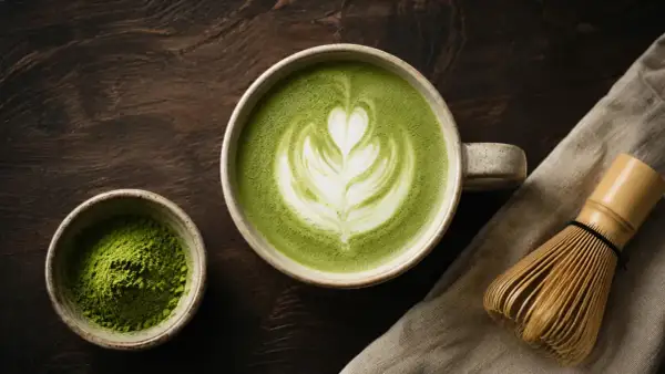 En kopp islatte mocka med vacker lattekonst, bredvid en skål med matchapulver och en bambuvisp.