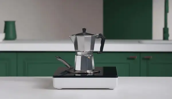 En mokkakanne står på en induktionshäll, redo att koka kaffe på spis.