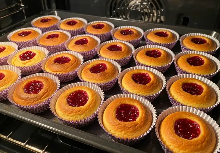 Nybakade hallongrottor i sina lila formar, redo att avnjutas. Ett perfekt hallongrottor recept för fikat.